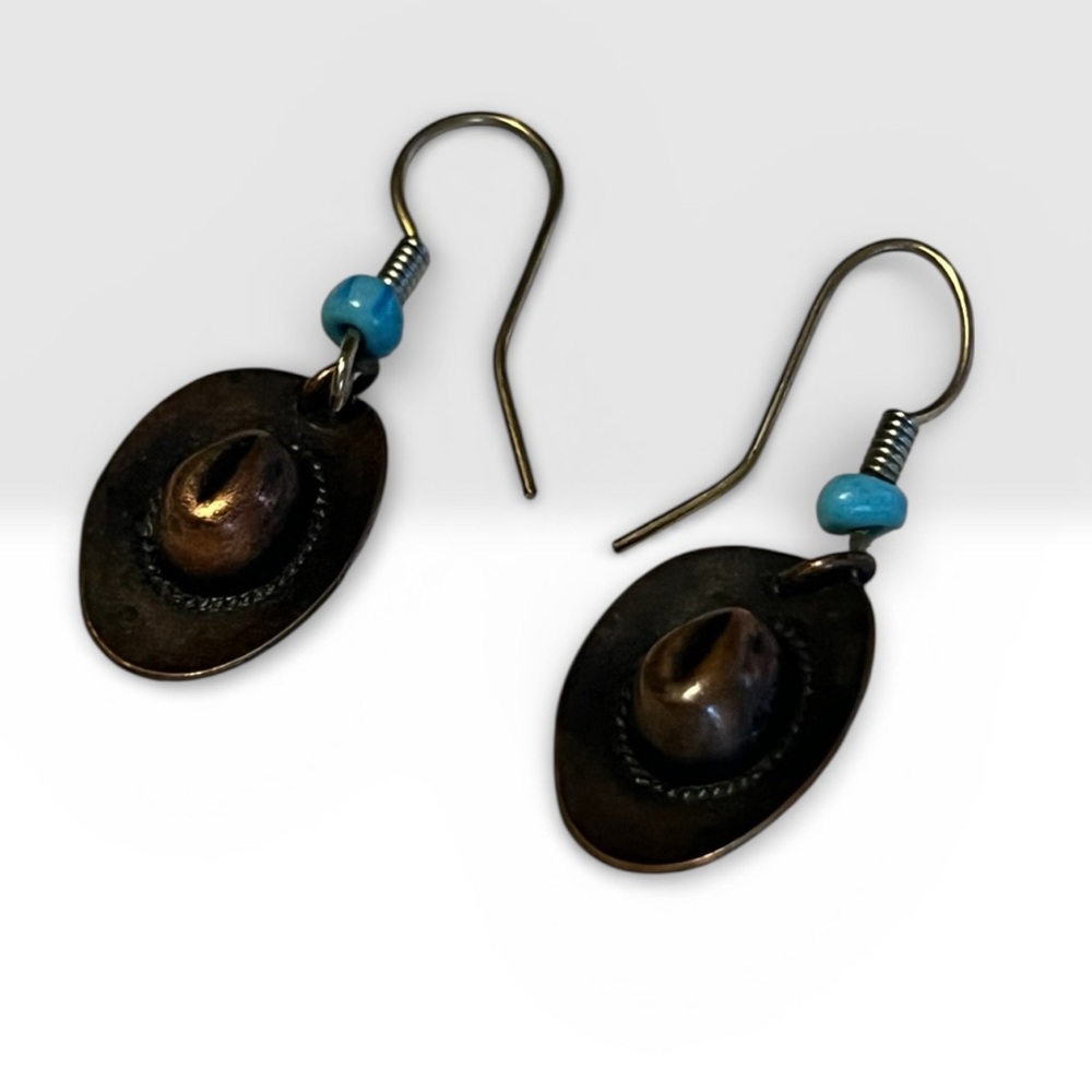 Western Cowgirl Cowboy Hat Dangle Fishhook Earrings With Turquoise Accents